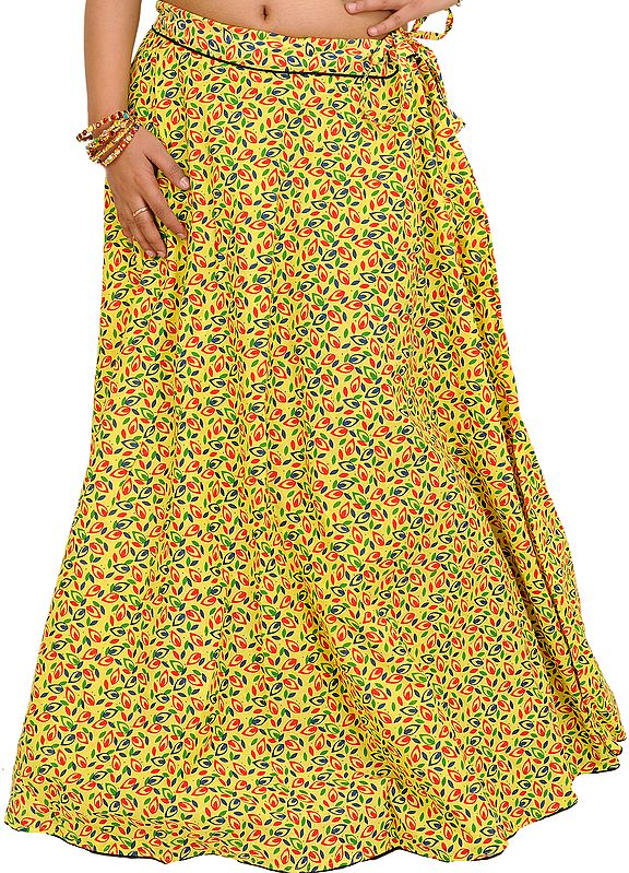 Drawstring Long Ghagra Skirt with Printed Leaves and Piping