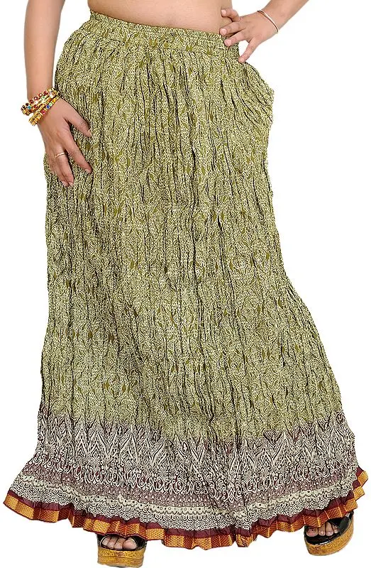 Fennel Seed Crushed Elastic Skirt with Floral Print and Gota Border