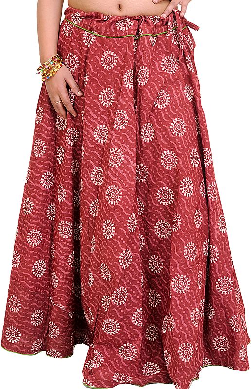 Earth-Red Long Ghagra Skirt with Bagdoo Printed Chakras and Piping