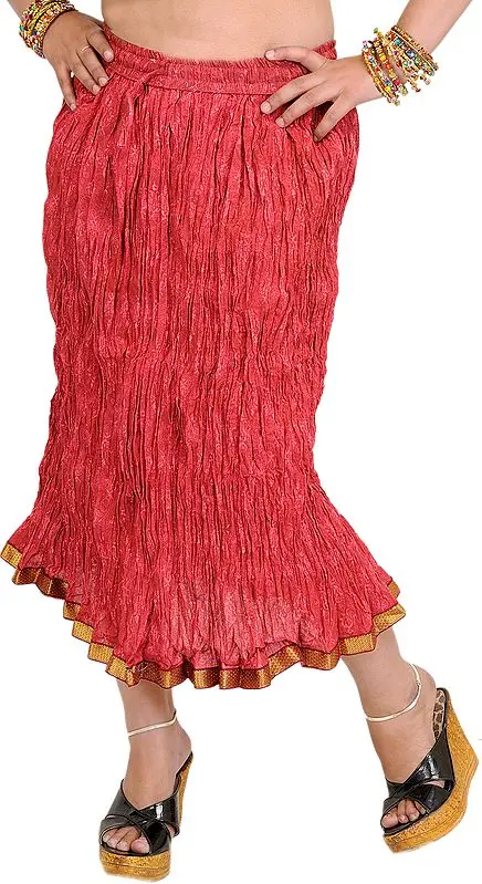 Garnet-Rose Elastic Midi Crinkled Skirt with Gota Border