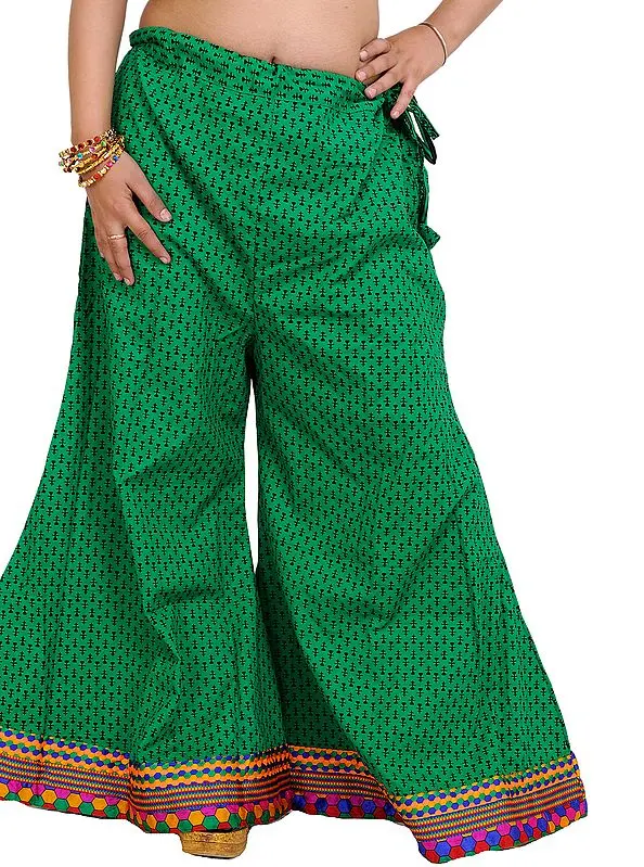Deep-Mint Palazzo Pants from Pilkhuwa with Printed Bootis and Patch Border