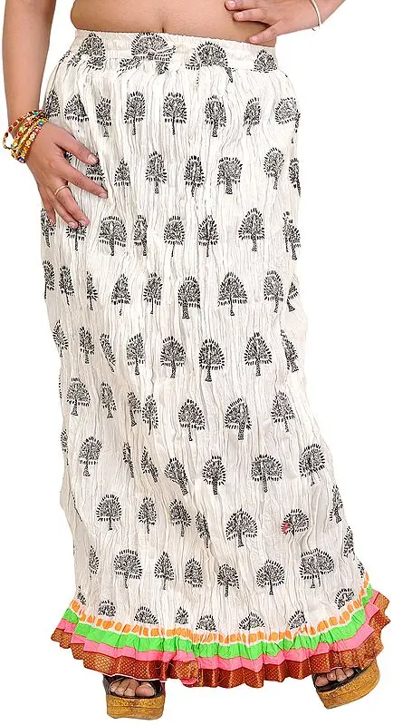Snow-White Crushed Elastic Long Skirt with Printed Trees and Gota Border