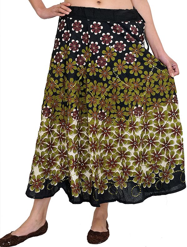 Black Midi-Skirt with Printed Flowers and Embroidered Sequins