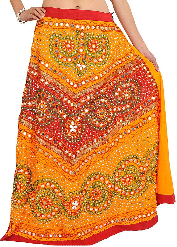 Blazing Orange and Maroon Long Ghagra Skirt from Jaipur with Faux Pearl and Sequins