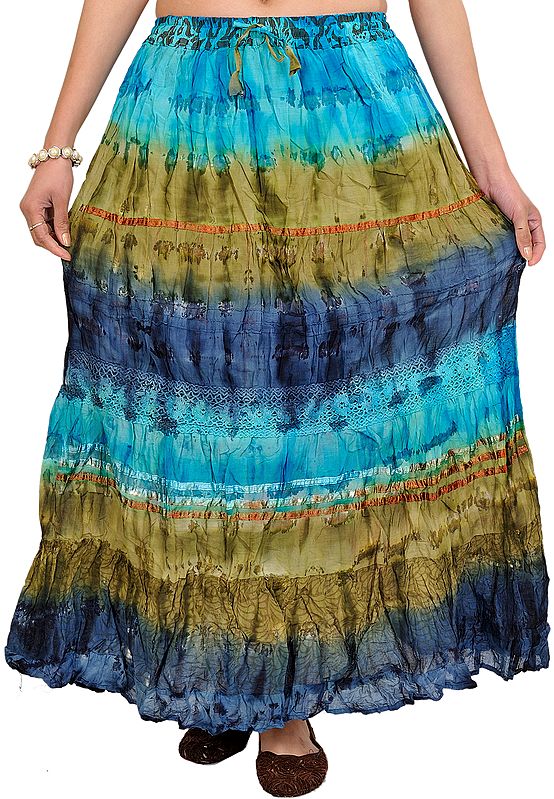 Batik-Dyed Tri-Colored Long Elastic Skirt