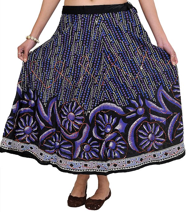 Caviar-Black Midi-Skirt with Printed Flowers and Sequins