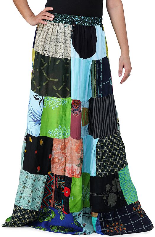 Printed Long Boho Skirt from Gujarat with Patch Work
