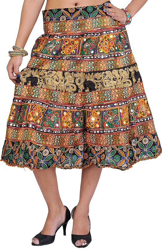 Multi-Color Embroidered Ghagra Midi-Skirt from Gujarat with Mirrors