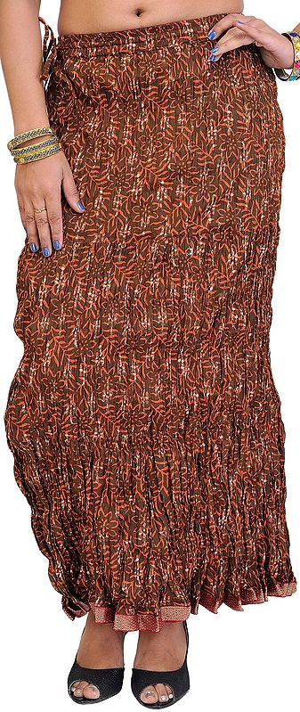 Brown Crushed Elastic Long Skirt with Printed Flowers and Gota Border