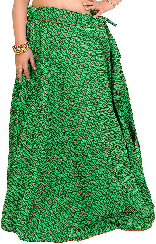 Bright-Green Drawstring Printed Long Ghagra Skirt with Piping