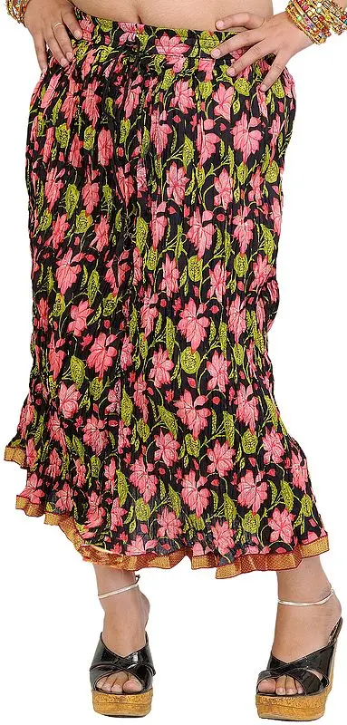 Black Crinkled Midi-Skirt with Printed Flowers and Gota Border