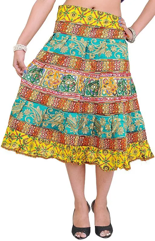 Yellow and Green Midi Ghagra Skirt from Gujarat with Crewel Embroidery and Mirrors