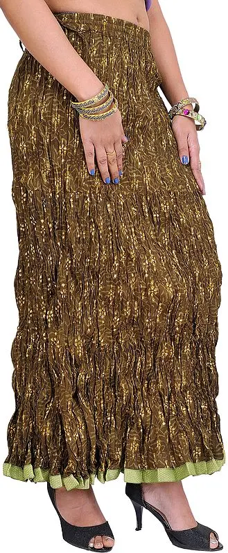 Gothic-Olive Crushed Elastic Long Skirt with Vegetable Dyes and Gota Border
