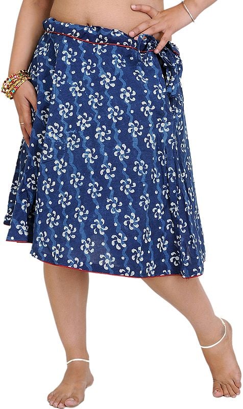 Estate-Blue Short Skirt with Bagdoo Block-Printed Flowers