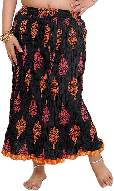 Caviar-Black Floral Printed Crushed Midi Skirt with Patch Border