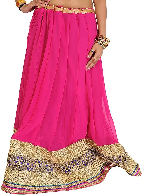 Raspberry-Rose Designer Long Ghagra with Golden Patch Border