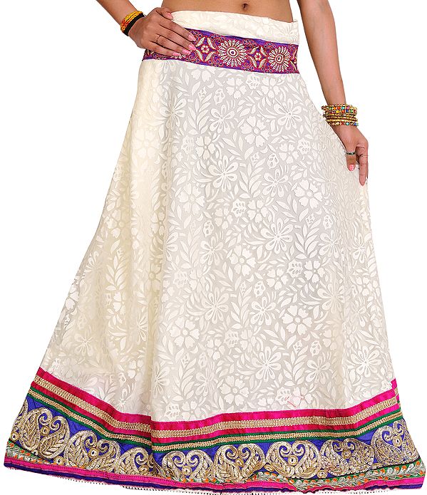 Ivory Ghagra Skirt with Embroidered Patch and Self Weave