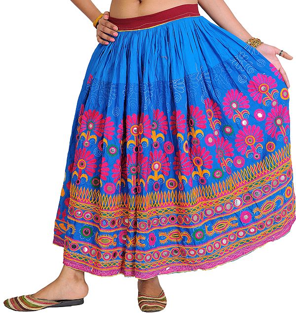 French-Blue Skirt from Kutch with Crewel-Embroidered Flowers and Mirrors