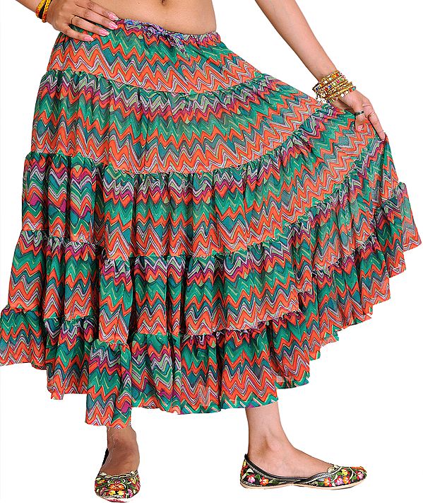 Green and Red Boho Skirt with Printed Zigzag Stripes