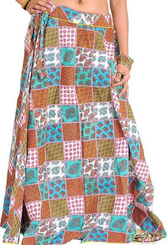 Floral Printed Long Patchwork Skirt with Piping