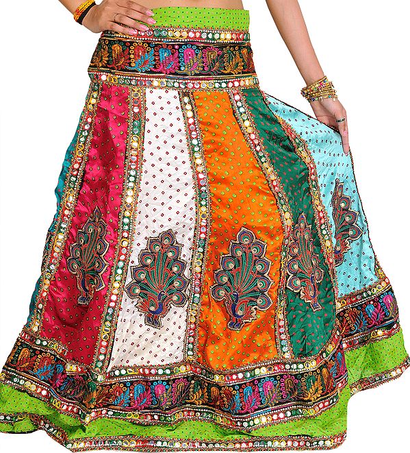 Multi-Color Ghagra Skirt from Gujarat with Bandhani Print and Embroidered Peacocks