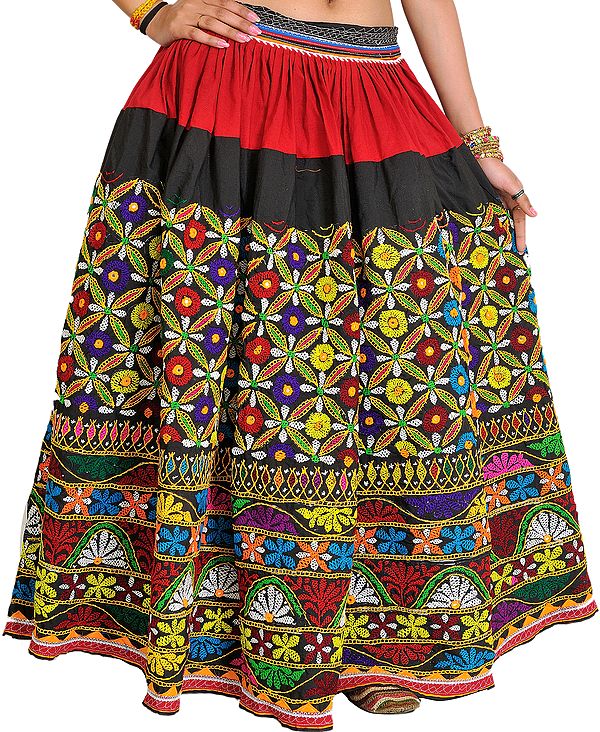 Black and Maroon Heavy Ghagra Skirt from Kutch with Floral Embroidery in Multicolor Thread