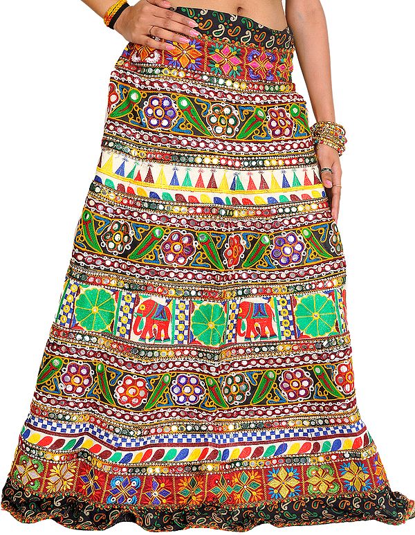 Multi-Color Densely Embroidered Ghagra Skirt from Kutch with Sequins