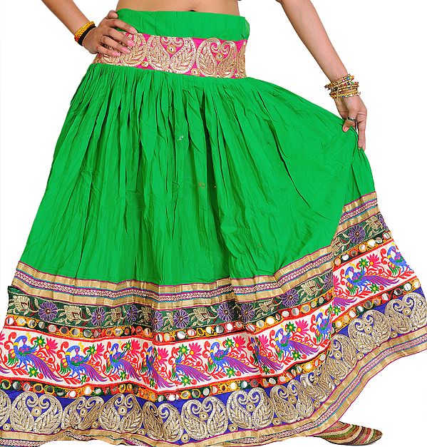 Island-Green Pleated Ghagra Skirt from Kutch with Embroidered Paisleys and Peacocks