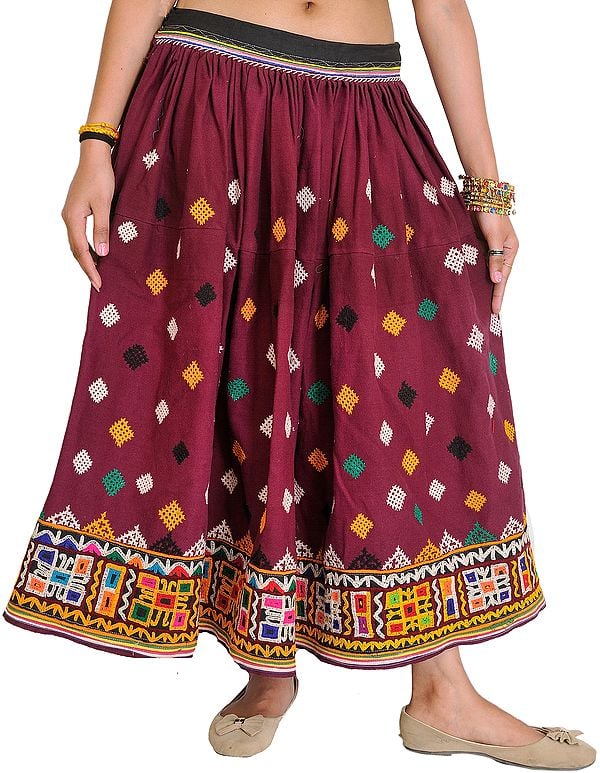 Grape-Wine Ghagra Skirt from Kutch with Rabari Embroidered Bootis