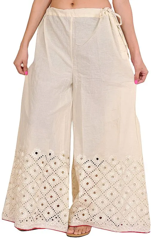 Ivory Plain Palazzo Pants with Cut-Work Embroidery on Border