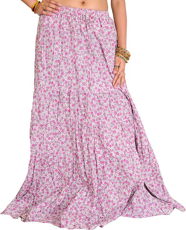 Ivory and Rose Long Ghagra Skirt with Printed Flowers All-Over