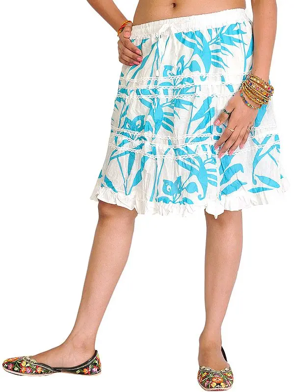 White and Blue Printed Short Skirt with Lace