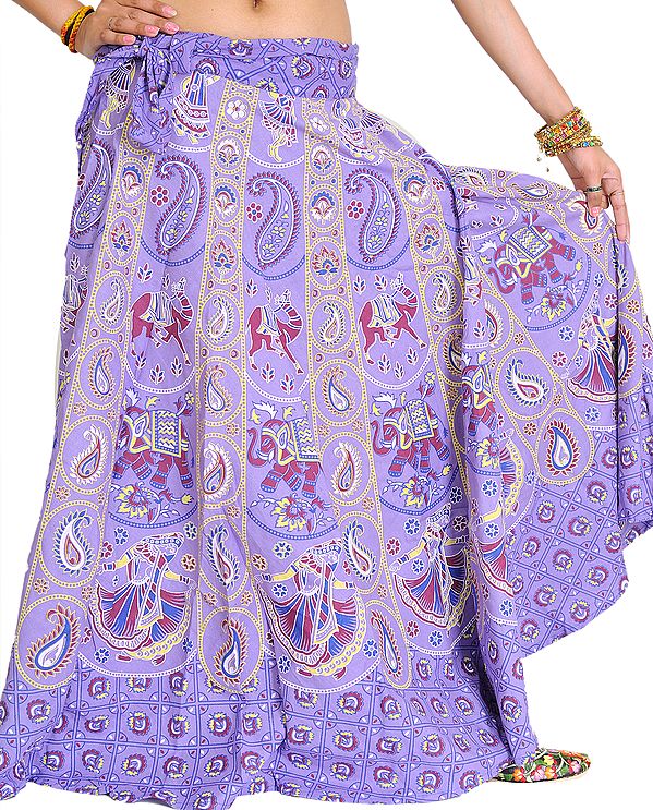 Violet-Tulip Wrap-Around Sanganeri Skirt with Printed Motifs