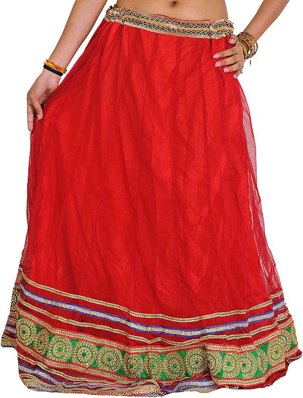Chinese-Red Wedding Long Ghagra with Embroidered Patch Border and Sequins