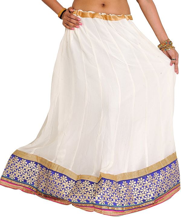Egret-White Long Ghagra with Floral Embroidered Patch Border