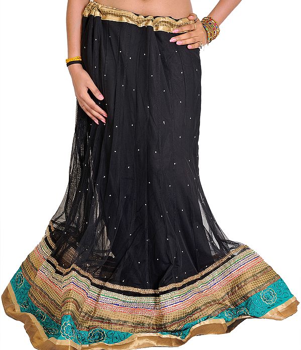 Jet-Black Designer Long Ghagra with Embroidered Patch Border and Bootis