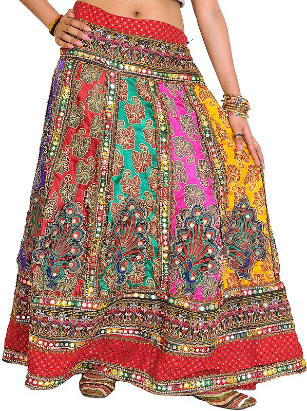 Multi-Color Ghagra Skirt from Gujarat with Embroidered Peacocks and Sequins