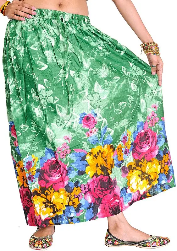 Medium-Green Skirt with Printed Roses