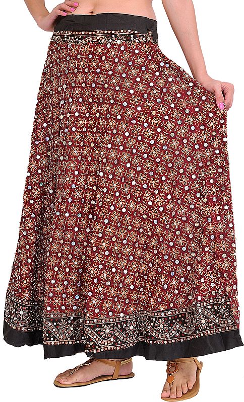 Oxblood-Red Ghagra Skirt with Embroidered Beads and Sequins All-Over
