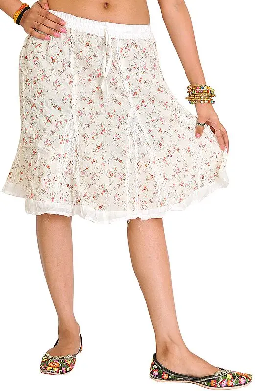 Pristine-White Short Skirt with Printed Flowers and Lace