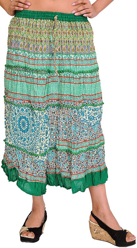 Simply-Green Midi Skirt with Printed Flowers