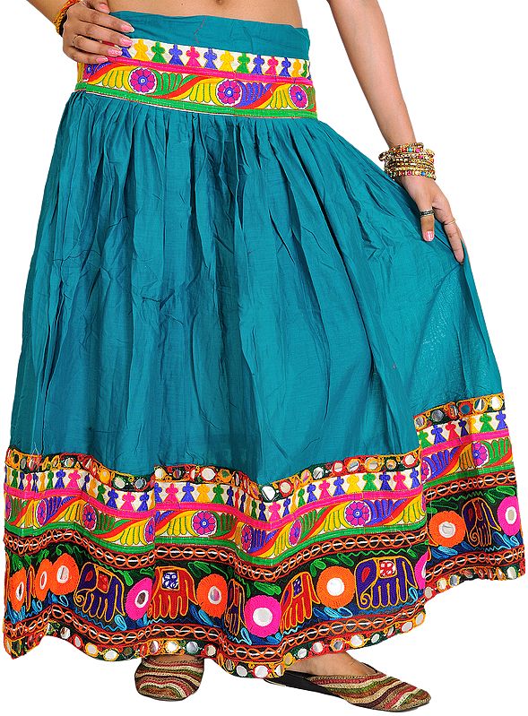 Fanfare-Green Ghagra Skirt from Kutch with Embroidered Patch Border