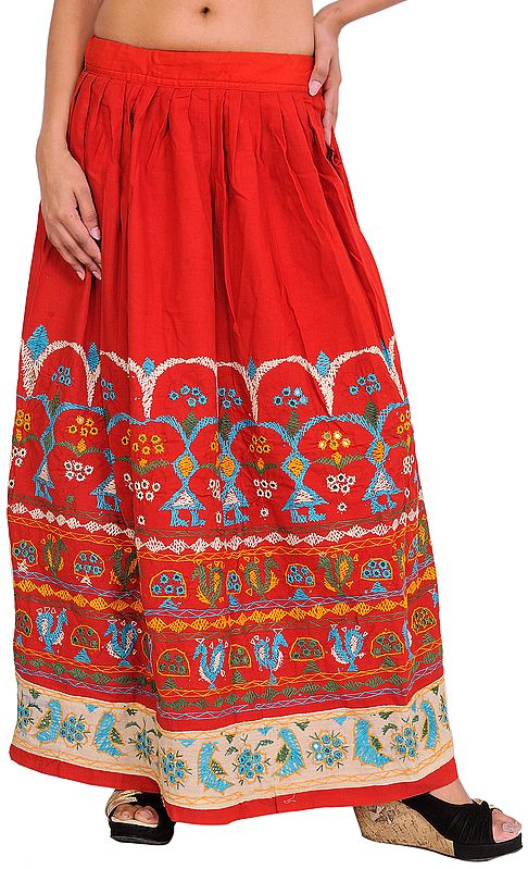 Mars-Red Long Skirt from Kutch with Thread-Embroidery by Hand and Mirrors