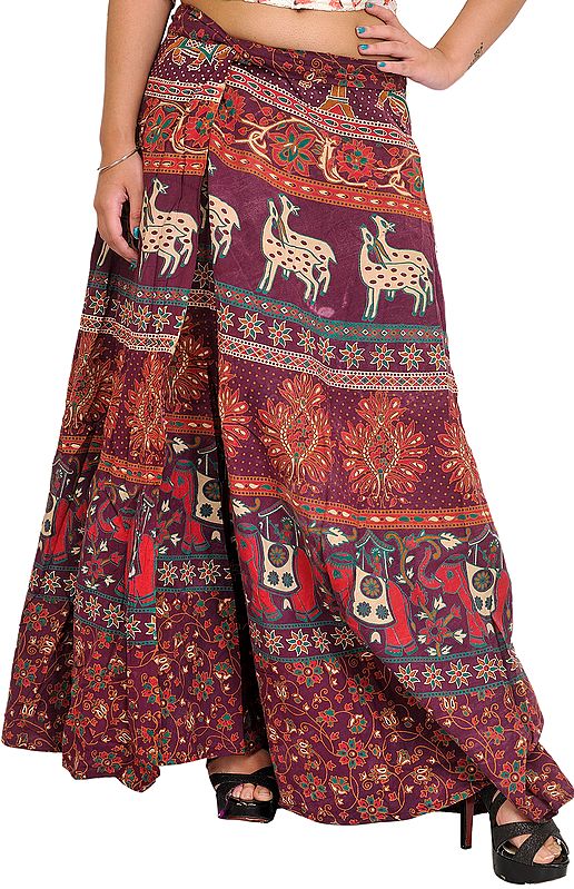 Prune-Purple Wrap-Around Skirt from Pilkhuwa with Printed Flowers and Animals