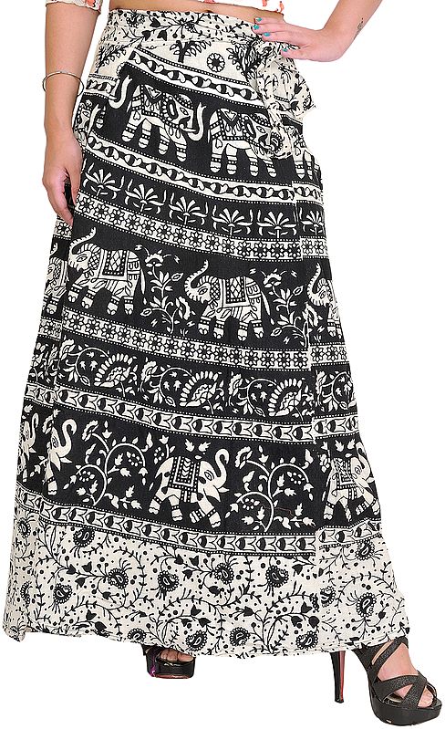 Black and White Wrap-Around Skirt from Pilkhuwa with Printed Elephants