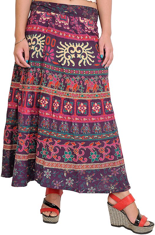 Deep-Purple Floral Printed Wrap-Around Skirt from Pilkhuwa