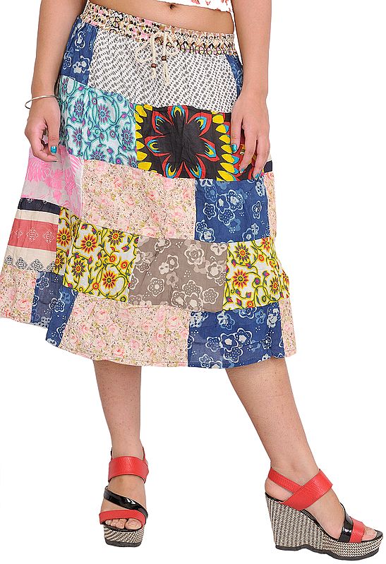 Multicolor Midi Skirt from Gujarat with Printed Flowers and Patchwork
