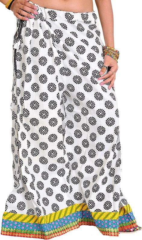 White and Black Casual Palazzo Pants from Pilkhuwa with Printed Bootis and Patch Border