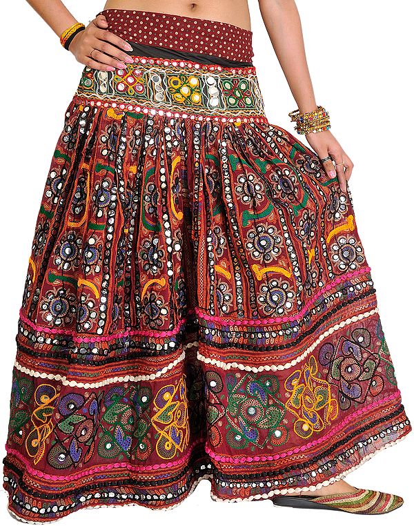 Oxblood-Red Plated Ghagra Skirt from Gujarat with Embroidered Flowers and Large Sequins