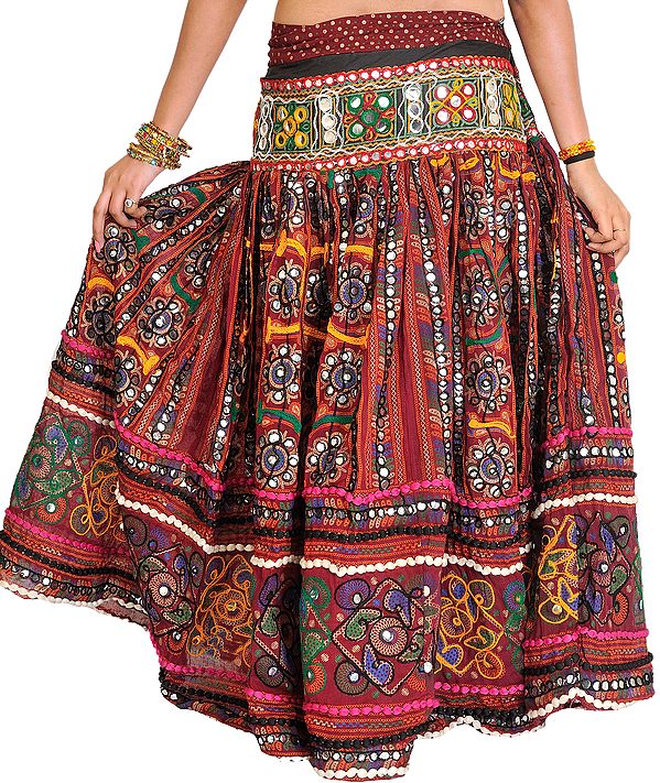 Oxblood-Red Plated Ghagra Skirt from Gujarat with Embroidered Flowers ...